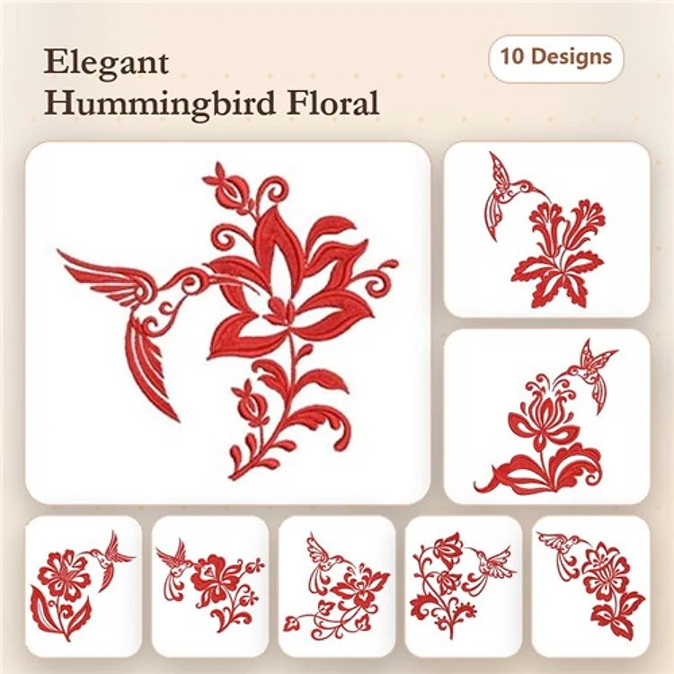Redwork Hummingbird & Floral Embroidery Bundle – Hummingbird with Flower, Floral Design with Hummingbird & More (10 Designs)