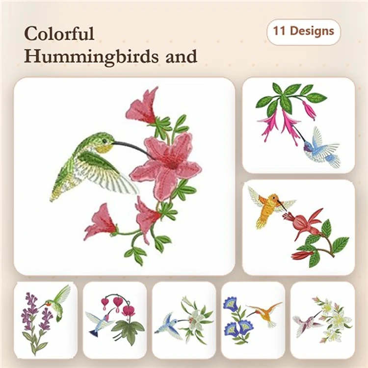 Hummingbirds & Flowers Embroidery Designs Bundle – Hummingbird with Pink Flowers, Hummingbird with Blue Flowers, & More (11 Designs)