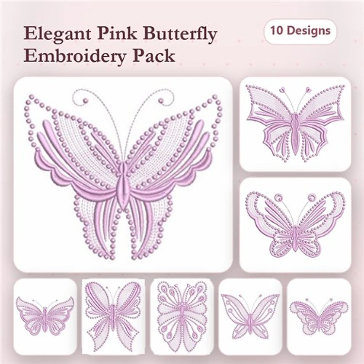 Elegant Pink Butterflies Embroidery Designs Bundle (10 Designs)