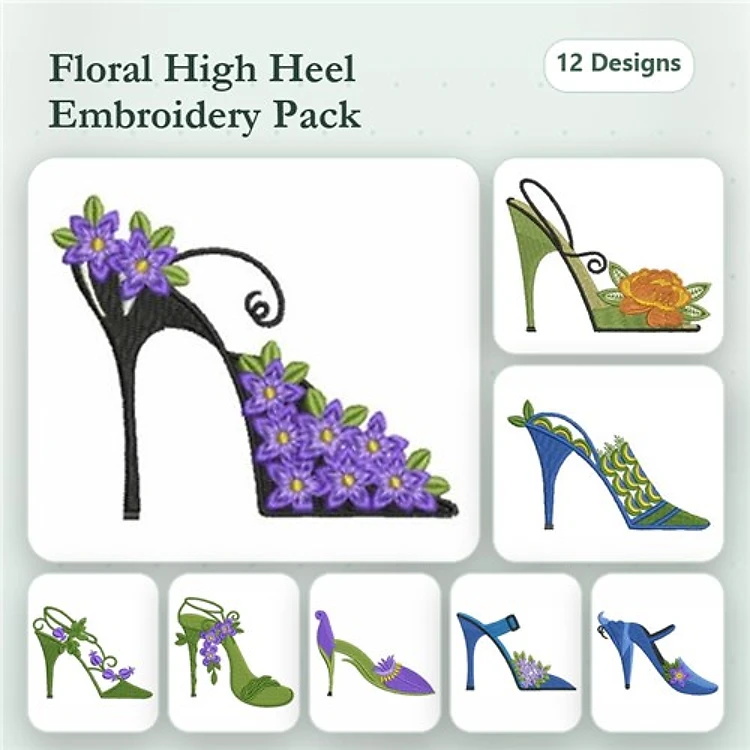 Floral High Heel Shoes Embroidery Designs Bundle – Purple, Orange & Green Floral Accents (12 Designs)