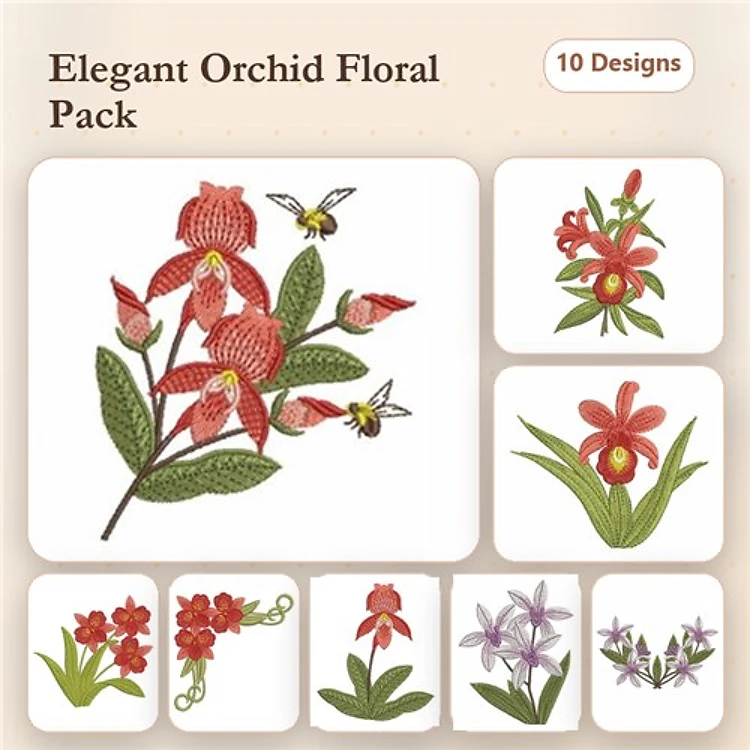 Orchid Floral Embroidery Bundle – Red Orchid Bouquet, Single Red Orchid, Bee and Orchid & More (10 Designs)