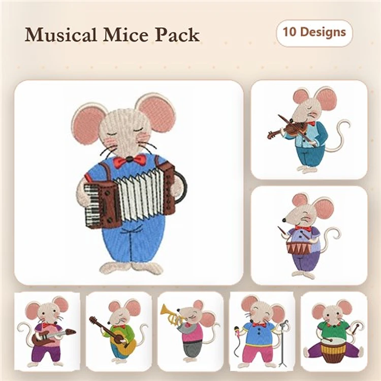 Musical Mice Embroidery Designs Bundle – Mouse with Accordion, Mouse with Violin, Mouse with Drum & More (10 Designs)