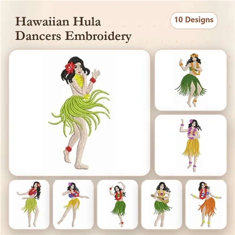 Hula Dancer Embroidery Designs Bundle – Hula Dancer with Green Skirt, Hula Dancer with Lei & More (10 Designs)