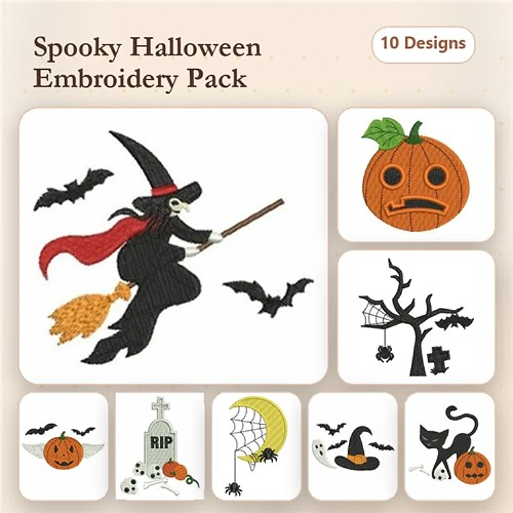 Halloween-themed Embroidery Designs Bundle – Witch on Broomstick, Jack O' Lantern, Black Cat & More (10 Designs)