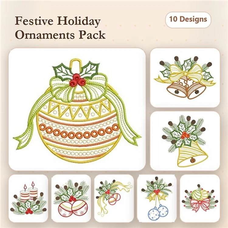 Holiday Ornaments Embroidery Designs Bundle – Christmas Ornament, Holiday Bell, Holly and Bows & More (10 Designs)