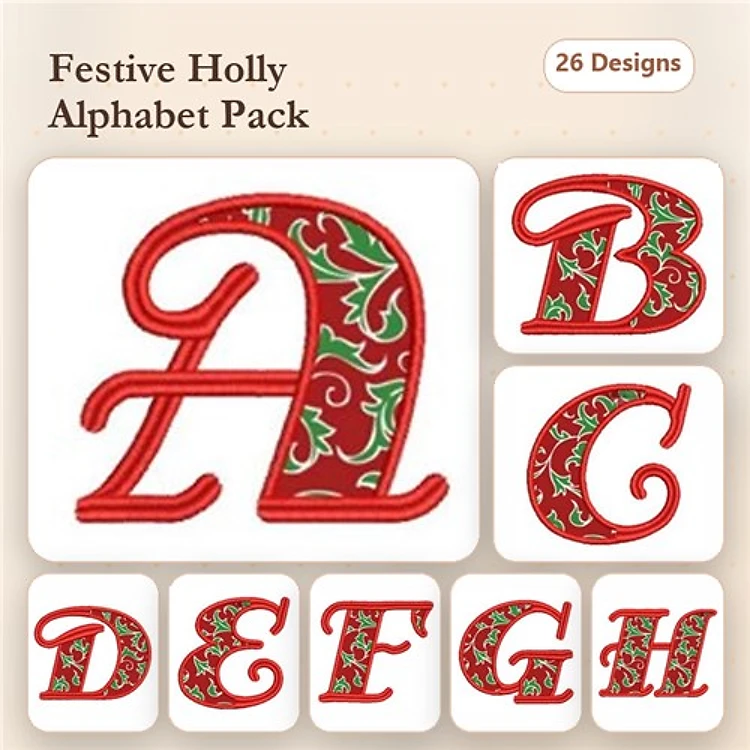 Applique Holly Alphabet Letters Embroidery Designs Bundle – A Letter with Holly, B Letter with Holly, C Letter with Holly & More (26 Designs)