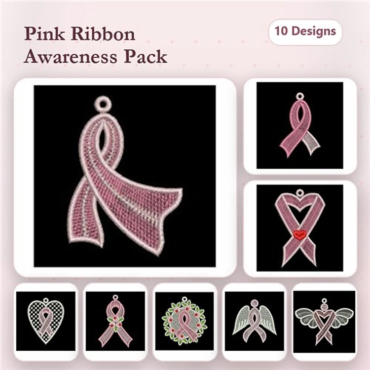 FSL Pink Ribbon Awareness Embroidery Bundle – Pink Ribbon Ornament, Ribbon Heart, Pink Bow & More (10 Designs)