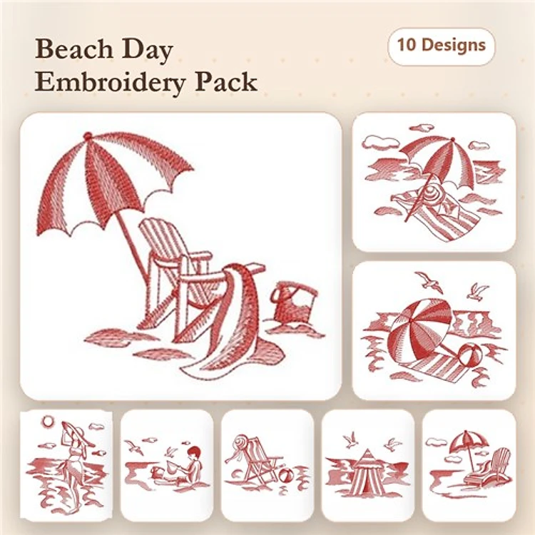 Redwork Beach Day Embroidery Designs Bundle – Beach Chair with Umbrella, Swimming Pool with Float, Beach Umbrella & More (10 Designs)