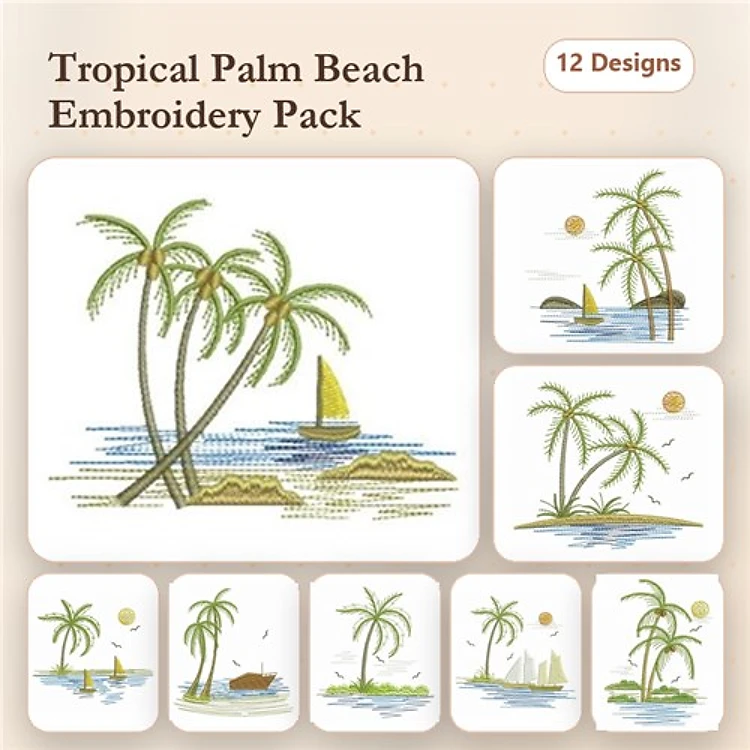 Tropical Beach Scenes Embroidery Designs Bundle – Palm Trees, Sailboats, Sunset & More (12 Designs)
