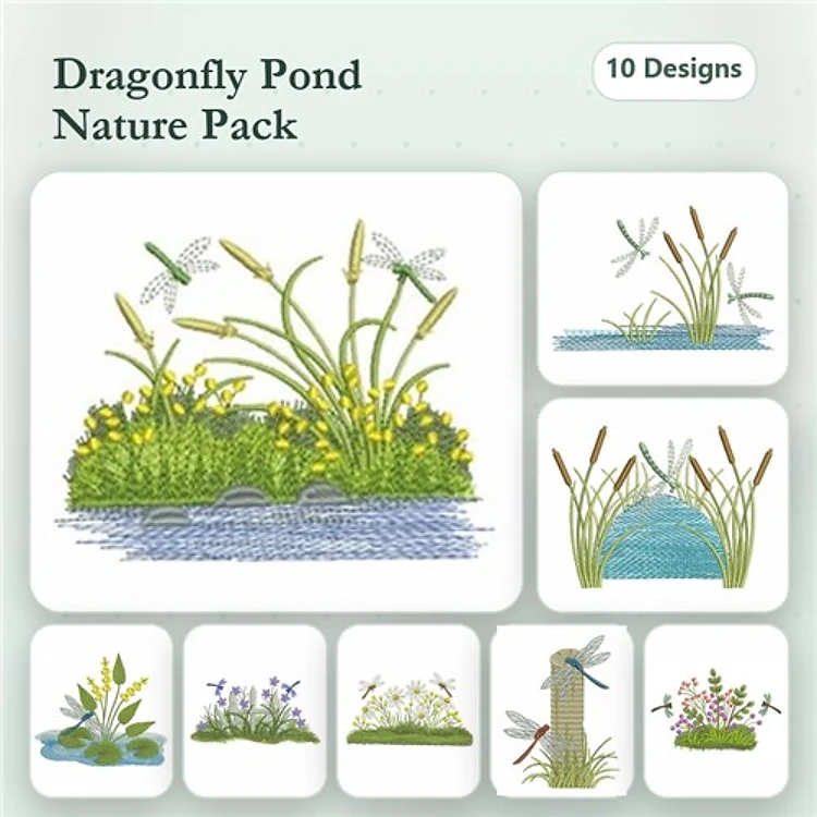 Dragonfly & Water Plants Embroidery Designs Bundle – Dragonfly on Water Plant, Iris and Dragonfly, Pond with Grass & More (10 Designs)