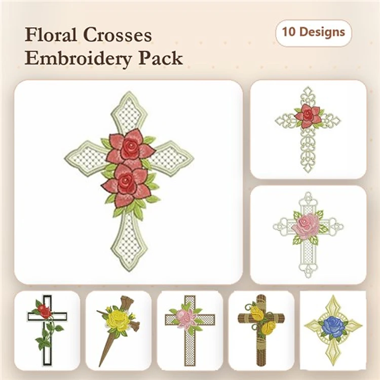 Floral Cross Embroidery Designs Bundle – Roses, Pink Flowers, Yellow Flowers & More (10 Designs)