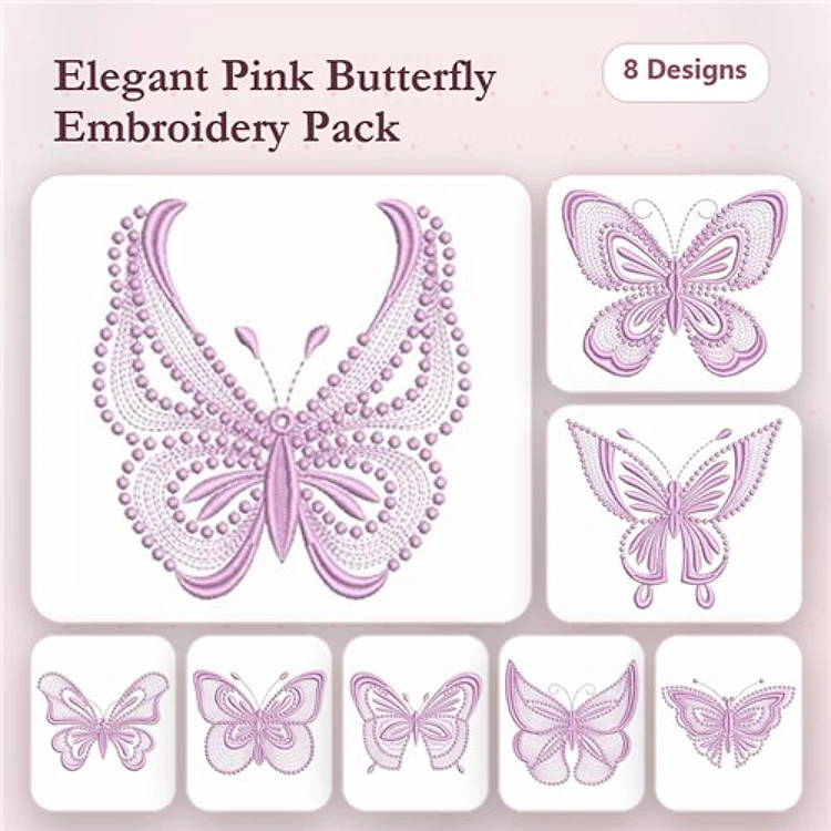 Rippled Elegant Pink Butterflies Embroidery Designs Bundle – Large & Small Butterflies, Ornate & More (8 Designs)