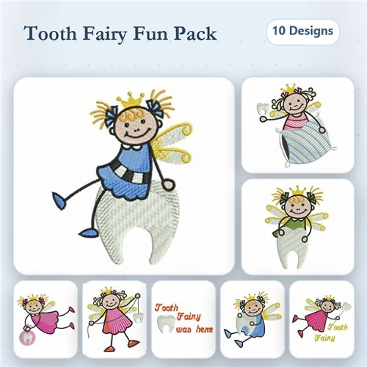 Tooth Fairy Embroidery Designs Bundle – Tooth Fairy with Star, Tooth Fairy w/ Crown, Cute Tooth Fairy & More (10 Designs)