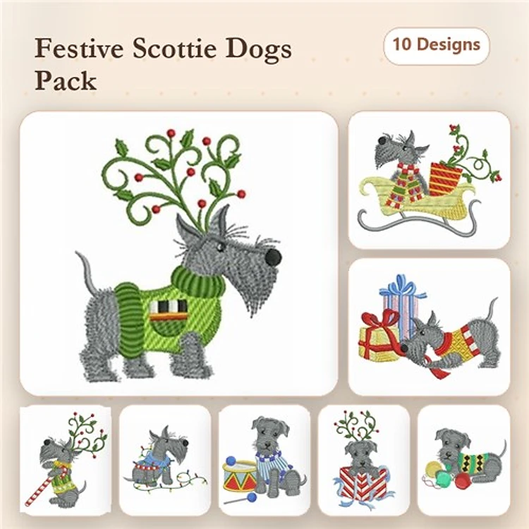 Festive Scottie Dogs Embroidery Bundle – Scottie Dog with Christmas Tree, Sleigh, Gifts & More (10 Designs)