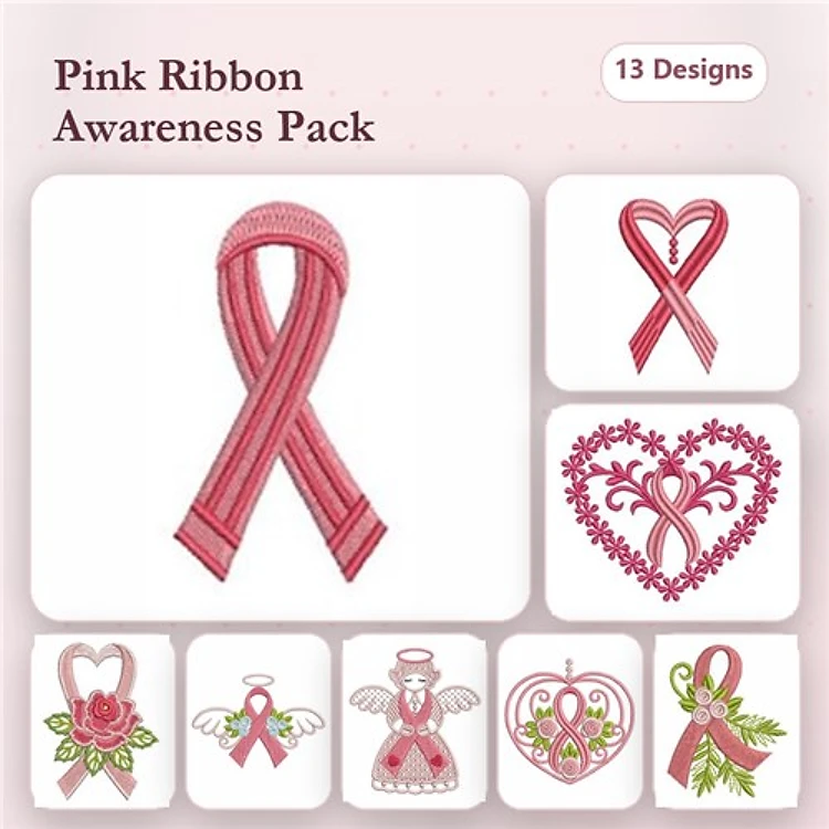 Pink Ribbon Awareness Embroidery Designs Bundle – Pink Ribbon, Heart Ribbon, Floral Heart & More (13 Designs)
