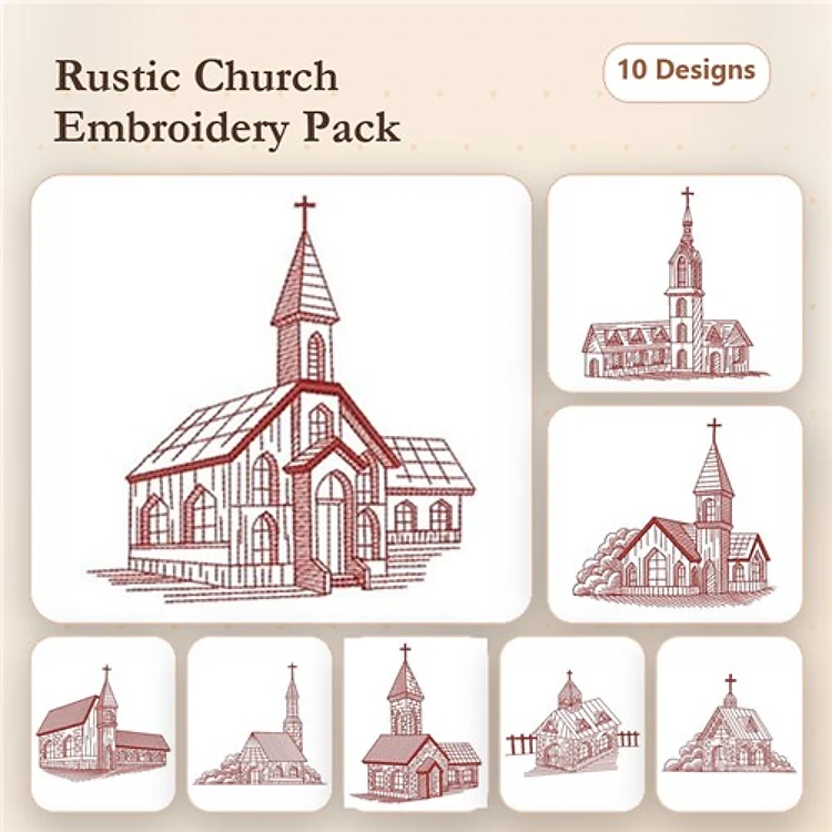 Redwork Rustic Church Embroidery Designs Bundle – Charming Architecture & Quaint Features (10 Designs)