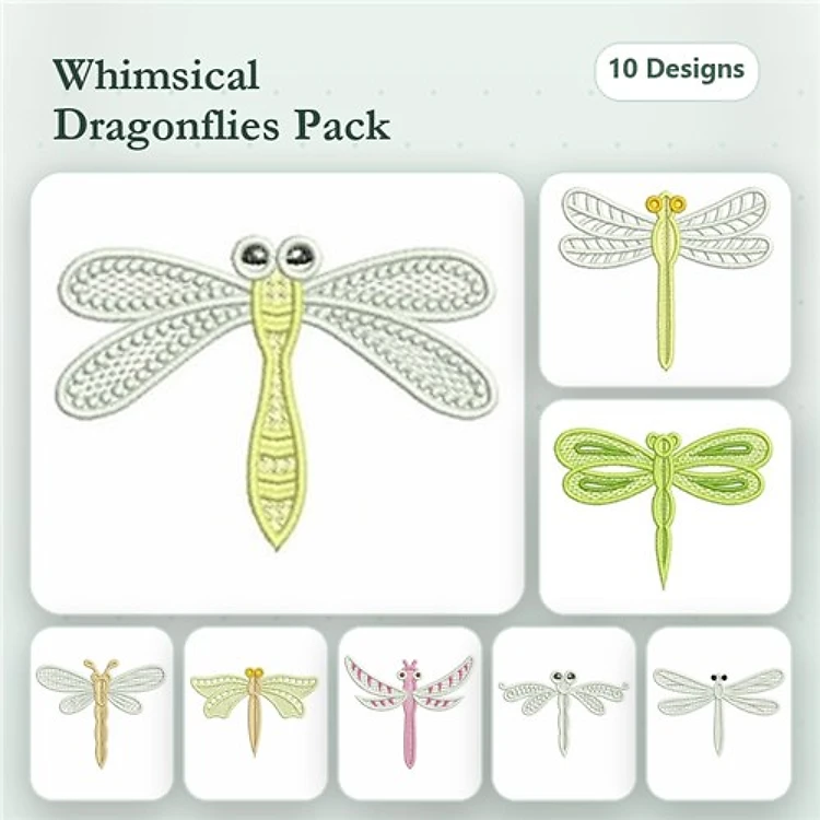 FSL Dragonfly Embroidery Bundle – Whimsical Dragonfly with Green Body, Pink Body, Yellow Body & More (10 Designs)