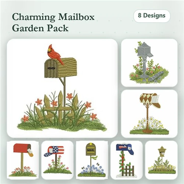 Charming Mailbox Embroidery Designs Bundle – Cardinal on Mailbox, American Flag Mailbox, Birdhouse Mailbox & More (8 Designs)