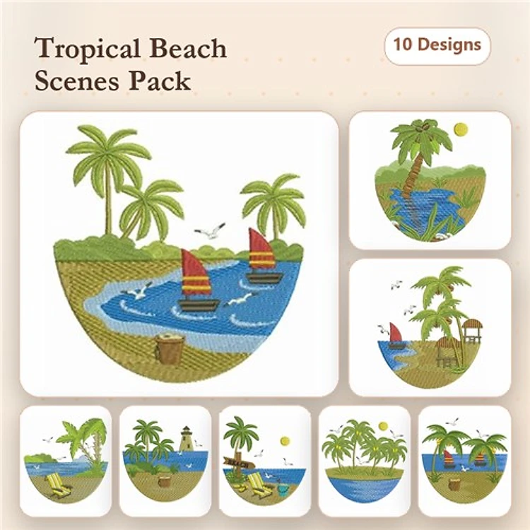 Tropical Beach Embroidery Designs Bundle – Sailboats, Palm Trees, Lighthouse & More (10 Designs)
