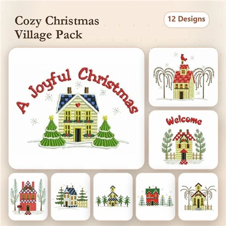 Christmas Village Embroidery Designs Bundle – A Joyful Christmas, Winter House, Welcome Sign & More (12 Designs)