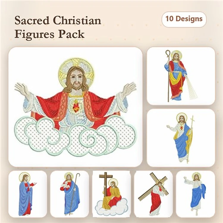 Sacred Christian Figures Embroidery Bundle – Jesus with Open Arms, Jesus with Cross, Saint in Red Robe & More (10 Designs)