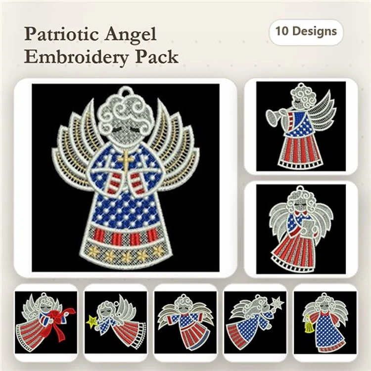 FSL Patriotic Angels Embroidery Designs Bundle – Angel with Stars and Stripes, Angel Holding a Bell, & More (10 Designs)
