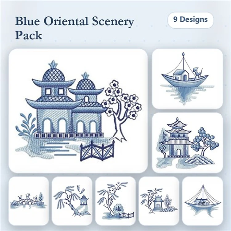 Oriental Scenery Embroidery Designs Bundle – Pagoda with Trees, Boat on Water, Bamboo and Birds & More (9 Designs)