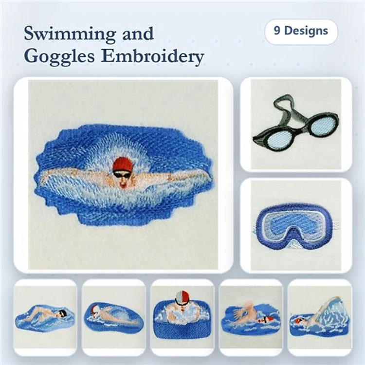 Swimming Embroidery Designs Bundle – Swimmer with Goggles, Swimming Pool Scene & More (9 Designs)