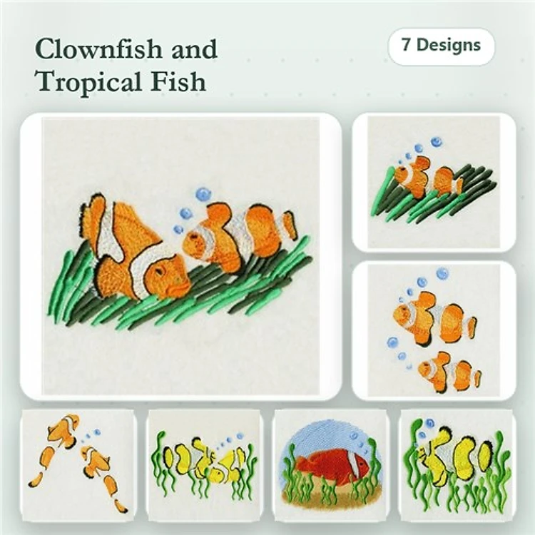 Clownfish & Tropical Fish Embroidery Designs Bundle – Clownfish Family, Tropical Fish with Coral, & More (7 Designs)