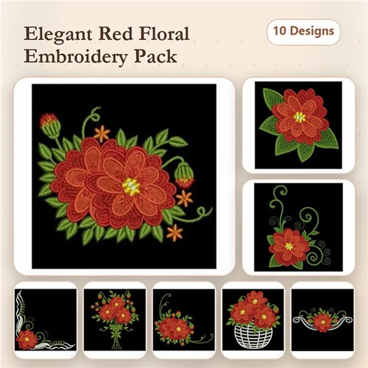 Elegant Red Floral Embroidery Bundle – Large Red Floral Bouquet, Red Floral with Green Leaves & More (10 Designs)