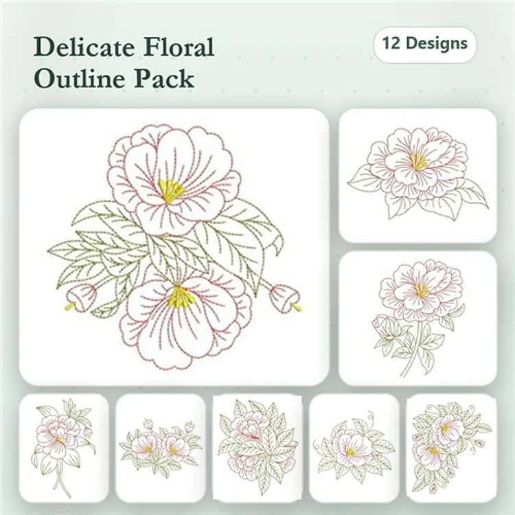Redwork Floral Outline Embroidery Designs Bundle – Delicate Designs Featuring Flowers & Leaves (12 Designs)