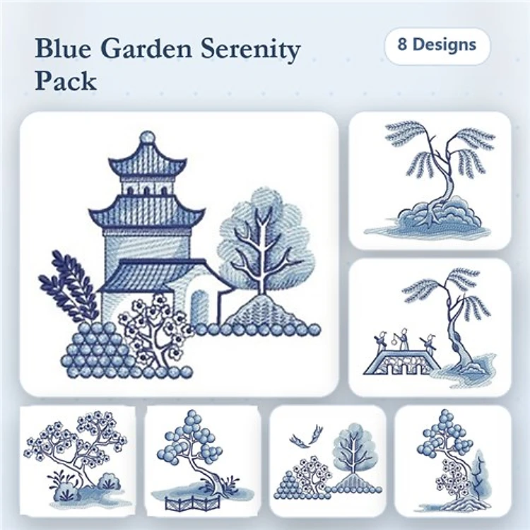 Japanese Garden Embroidery Designs Bundle – Pagoda, Ornamental Tree, Cactus & More (8 Designs)