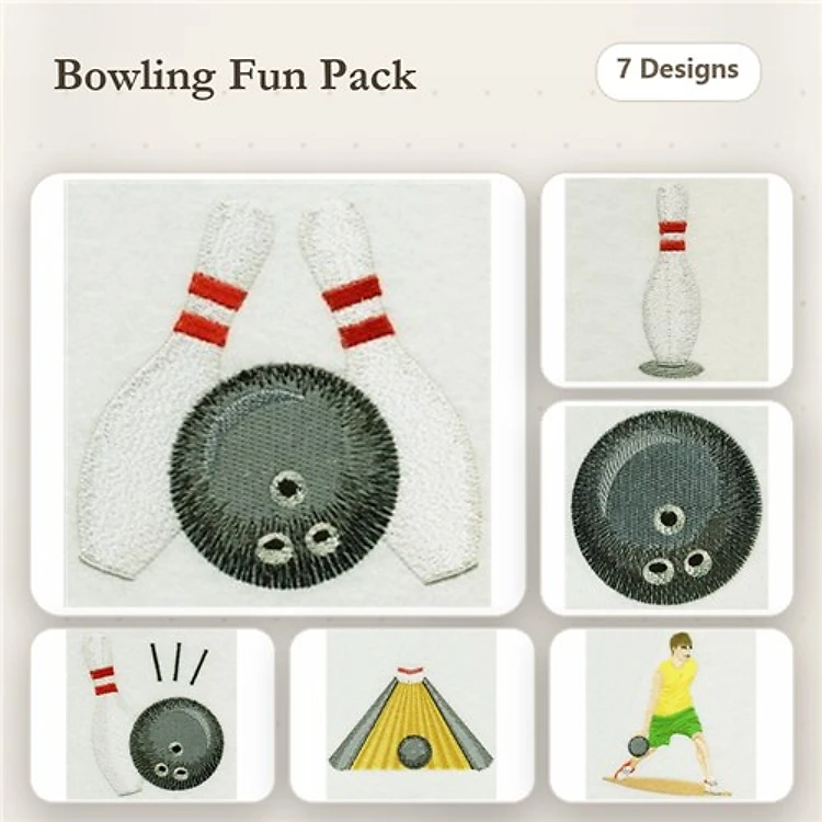 Bowling Themed Embroidery Designs Bundle – Bowling Ball, Bowling Pins, Bowler Figure & More (7 Designs)