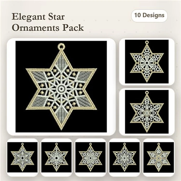 FSL Star Ornament Embroidery Designs Bundle – Elegant Star Ornament 1, Elegant Star Ornament 2, & More (10 Designs)