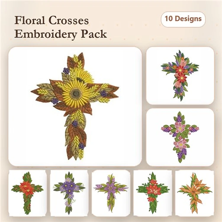 Floral Cross Embroidery Designs Bundle – Sunflowers, Red Flowers, Purple Flowers & More (10 Designs)