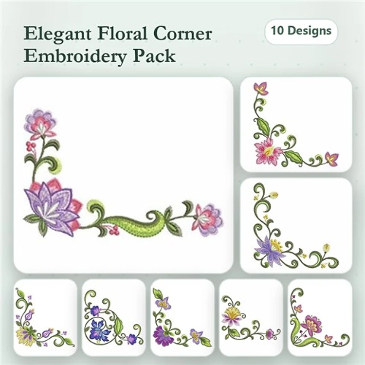 Floral Corner Embroidery Bundle – Purple Flower, Pink Flower, Blue Flower & More (10 Designs)