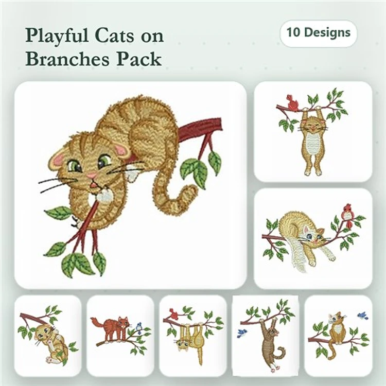 Cats Embroidery Designs Bundle – Ginger Cat on Branch, Gray Cat Hanging from Branch, Siamese Cat with Bird & More (10 Designs)