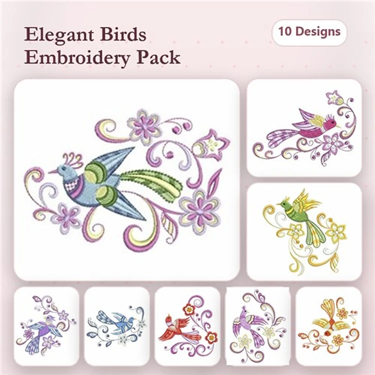 Elegant Birds Embroidery Designs Bundle – Bird with Flowers, Colorful Bird, Floral Bird & More (10 Designs)