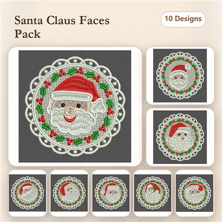 FSL Santa Claus Faces Embroidery Designs Bundle – Red Hat, Green Hat, Christmas Holly & More (10 Designs)
