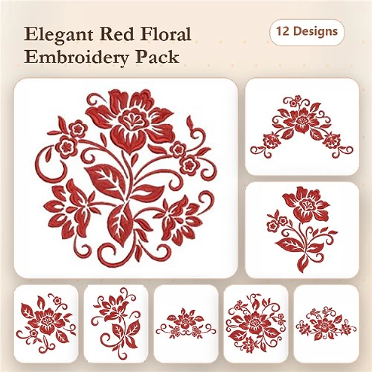 Redwork Elegant Red Floral Embroidery Designs Bundle – Floral Arrangement with Roses, Single Rose with Leaves & More (12 Designs)