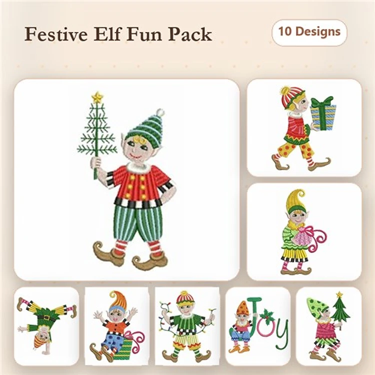 Festive Elf Embroidery Designs Bundle – Elf with Tree, Elf with Gift, Elf Posing with Joy & More (10 Designs)