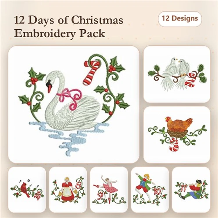 Christmas Themed Embroidery Designs Bundle – Swan with Candy Cane, Santa with Candy Cane, Doves with Holly & More (12 Designs)