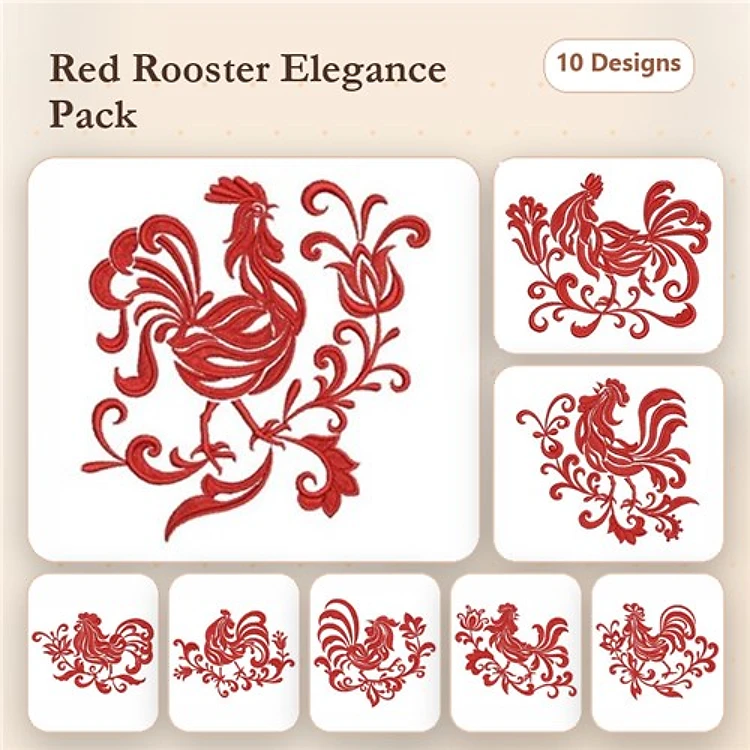 Redwork Rooster Embroidery Designs Bundle – Elegant Rooster with Swirls, Rooster with Flowers, & More (10 Designs)