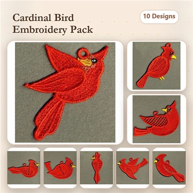 FSL Cardinal Bird Embroidery Designs Bundle – Cardinal with Yellow Beak, Flying Cardinal, Perched Cardinal & More (10 Designs)