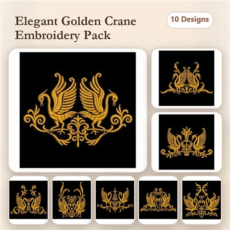Elegant Golden Crane Embroidery Designs Bundle – Floral Swirls, Ornamental Base, Decorative Elements & More (10 Designs)