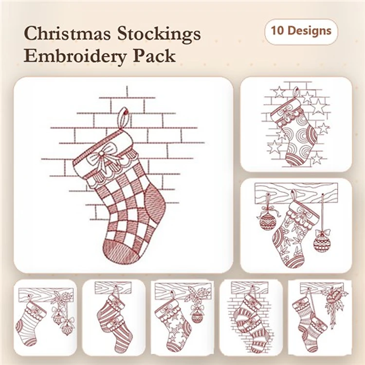 Redwork Christmas Stockings Embroidery Designs Bundle – Checkered, Polka Dot, Holly & More (10 Designs)
