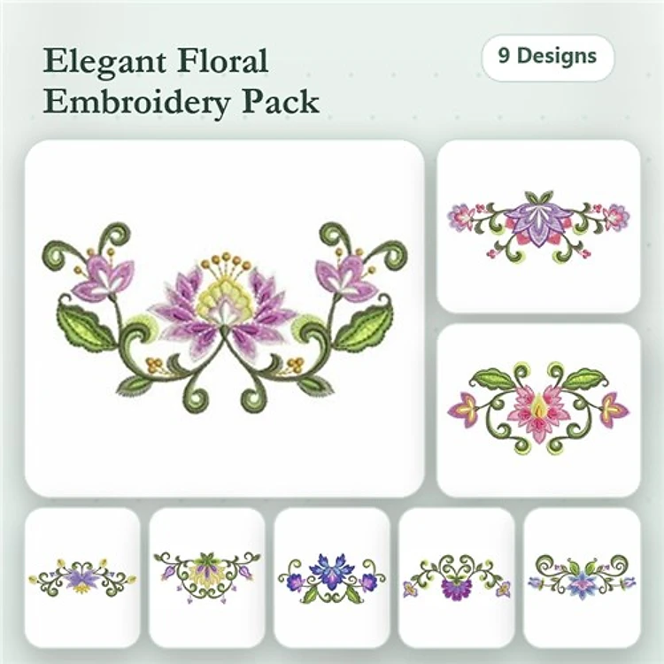 Elegant Floral Embroidery Designs Bundle – Lotus Blossom, Floral Swirl, Blue Floral Cluster & More (9 Designs)