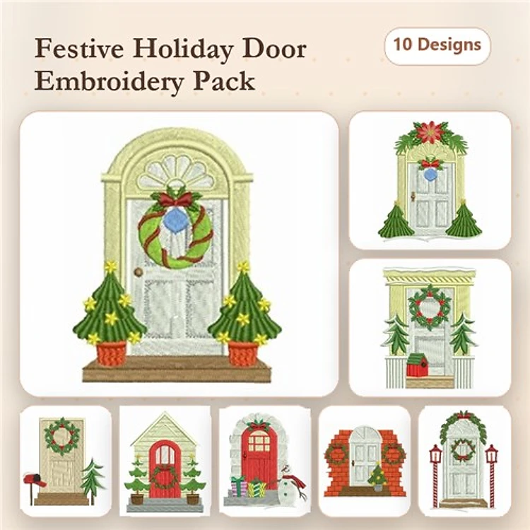 Festive Holiday Door Decor Embroidery Designs Bundle – Wreath on Door, Snowman by the Door, & More (10 Designs)