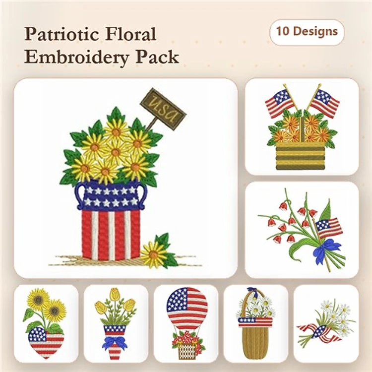 Patriotic Floral Arrangements Embroidery Designs Bundle – Floral Arrangement with USA Flag, Red, White, and Blue Bouquet & More (10 Designs)
