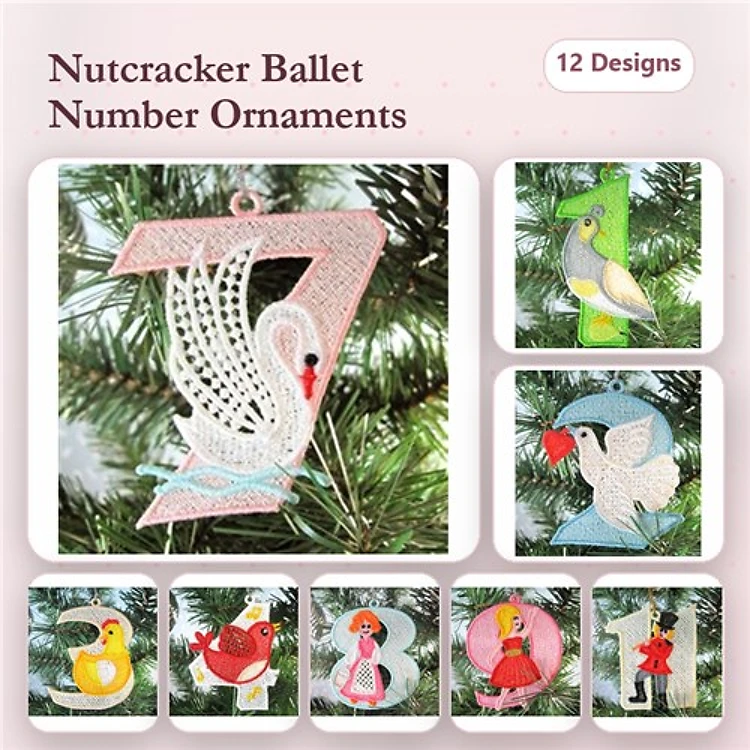 FSL Nutcracker Ballet Ornament Embroidery Designs Bundle – Number 0, Number 1, Swan Ornament & More (12 Designs)
